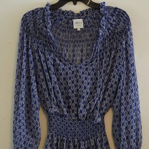 Misa, Anthropologie, Sheer Balloon Long Sleeve Ruffle-Hem Mini Dress, Blue - Picture 3 of 10